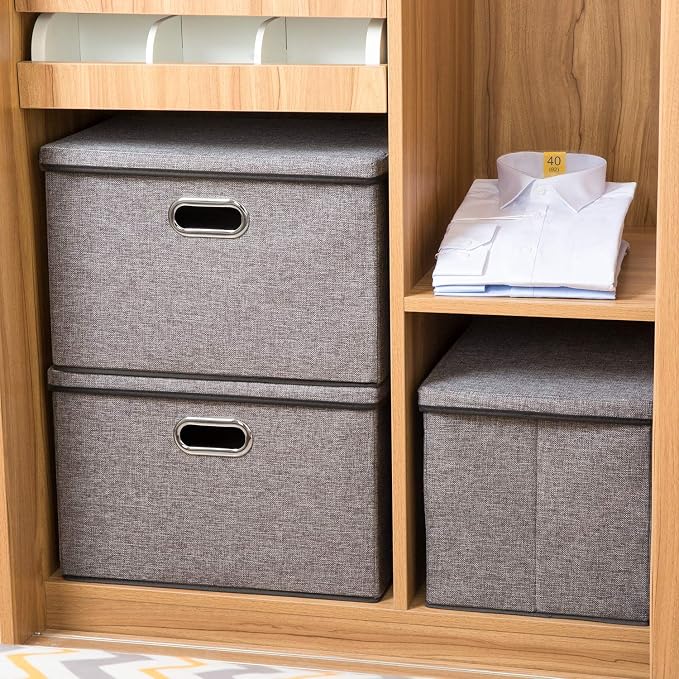 PRANDOM Large Collapsible Storage Bins with Lids [3-Pack] Linen/Cotton Blend Foldable Storage Boxes Organizer Containers Baskets Cube with Cover for Home Bedroom Closet Office Nursery(17.7x11.8x11.8) - Image 4
