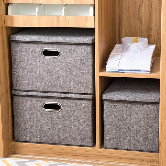 PRANDOM Large Collapsible Storage Containers with Lids [5-Pack] Linen Fabric Foldable Storage Bins Boxes Organizer Baskets Cube with Cover for Home Bedroom Closet Office Nursery (17.7x11.8x11.8) - Image 3