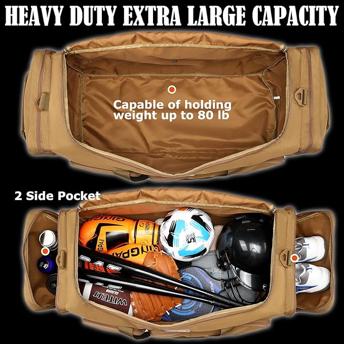 130L Extra Large Duffle Bag for Men, Heavy Duty Duffle Bag for Travel, Large Sports Gym Equipment Bag for Hockey Football Soccer Baseball Basketball & Team training, 130L, Brown - Image 4