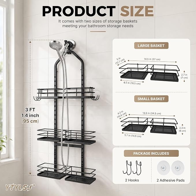 3-Tier Hanging Shower Caddy for Handheld Showerhead, Heavy-Duty Stainless Steel with Dual-Rotating Clamp, Matte Black - Image 2
