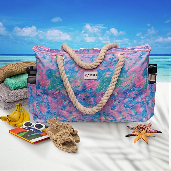 Beach Bag and Pool Bag Has Cooler Pocket, 7 Pockets Total, Zip Top. Family Size Waterproof Beach Tote - Image 3