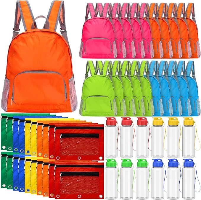 60 Pcs School Supplies Bulk Backpacks Water Bottle Pencil Pouch for Kids Backpack Donate Set for School Students(Round Bottle,Green&blue&orange&fuchsia) by Bulyoou