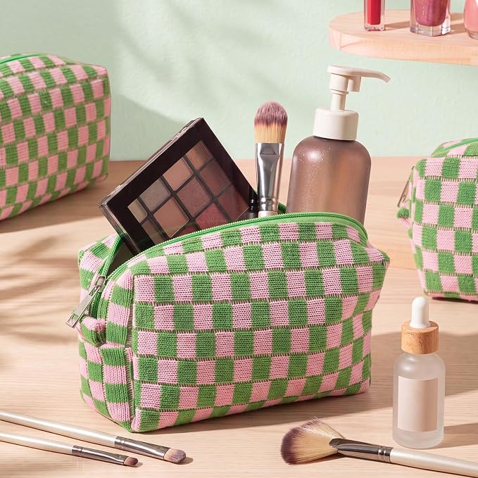 Gilprop 8 Pcs Checkered Makeup Bag for Purse Small Cosmetic Pouch Bulk Portable Zipper Makeup Pouch Travel Toiletry Organizer Gifts for Women Bridesmaid Wedding Party Favors (Pink Green) - Image 3