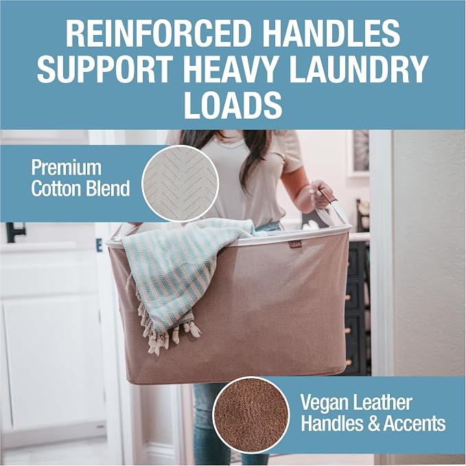 CleverMade Collapsible Laundry Basket LUXE 2 Pack – 60 L (16 Gal) Foldable Cotton Blend Clothes Hamper with Vegan Leather Accents, Reinforced Handles, Space Saving Laundry Bin Holds 55 lbs - Cream - Image 4