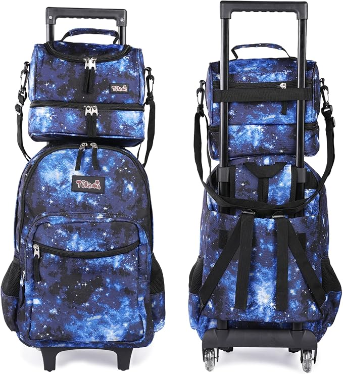 Tilami Rolling Backpack 18 inch Double Handle with Lunch Bag Wheeled Kids Backpack for Girls and Boys, Galaxy Blue - Image 2