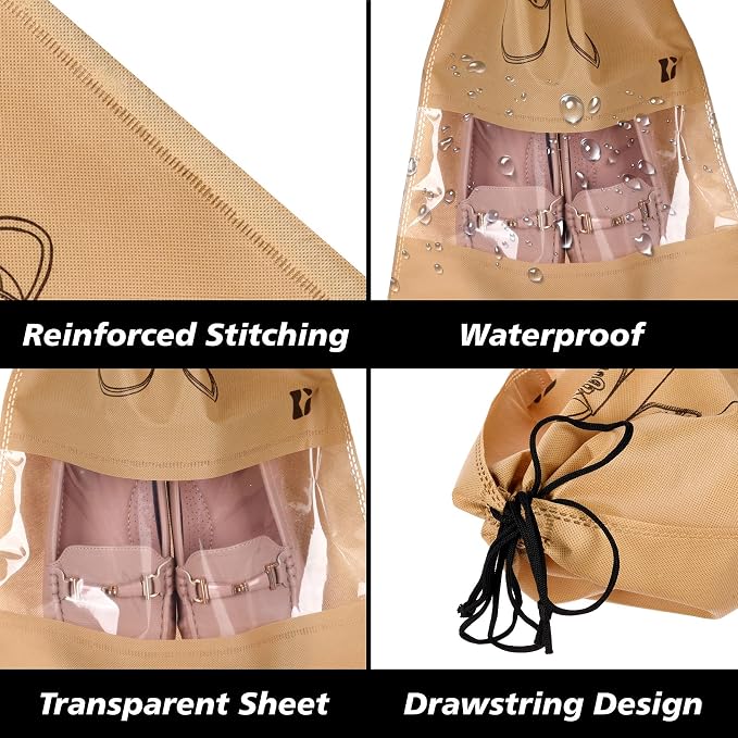 Kuber Industries Pack of 6 Shoe Bags | Shoe Bags for Travel | Non-Woven Shoe Storage Bags | Storage Organizers Set | Shoe Cover with Transparent Window | Shoe Dori Cover | Beige - Image 4