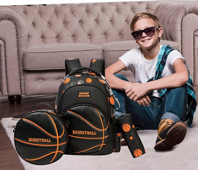 Boys' School Backpack with Lunch Box and Pencil Case - Ideal for Teens and Middle School Students, Black Basketball - Image 7