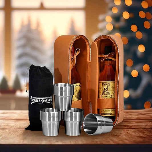 POUR & GARNISH Bourbon Whiskey & Wine Double Bottle Travel Bag with 4 Stainless Steel Double-Walled Vacuum Insulated Glasses - Makes a Great Gift! by POUR+%26+GARNISH