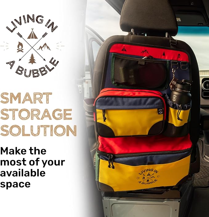 Living in a Bubble Seat back Organizer – Magnetic Toiletry and Cooler Pouch, Cordura Car Backseat Storage with Device Holder & Hooks, Multi-Compartment Utility Bag for Campervans & Family Travel - Image 3
