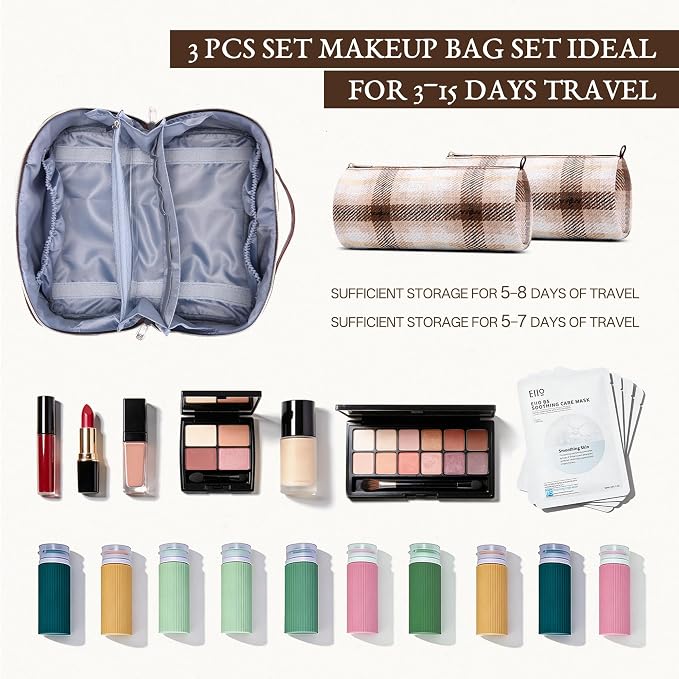 BOYATU Travel Makeup Bag for Women: Scottish Plaid 3 Pcs Set Cosmetic Organizer Bag - 180° Open Large Spacious Holds 50% More Cosmetics - Waterproof Leather Checkered Toiletry Bag (02-Coffee) - Image 4