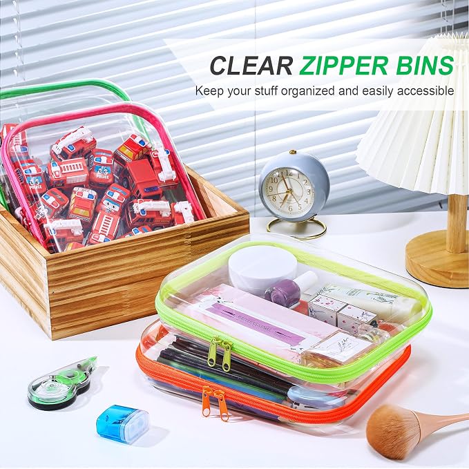 Hoolerry 4 Pcs Hard Clear Zipper Case Makeup Bags Plastic Zipper Pouch Transparent Storage Box Containers for Cosmetics, Snacks, Building Blocks, Puzzles(Clear,9.8 x 7.9 x 2 in,Fluorescent) - Image 5