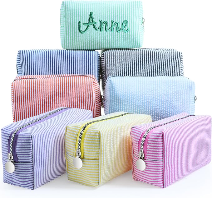 Giesiery 8 Pcs Seersucker Makeup Bags Striped Cosmetic Bags Bulk Organizer for Women Preppy Travel Toiletry Pouch for Wedding Bridesmaid Gifts (Mixed Color, Medium) by Giesiery