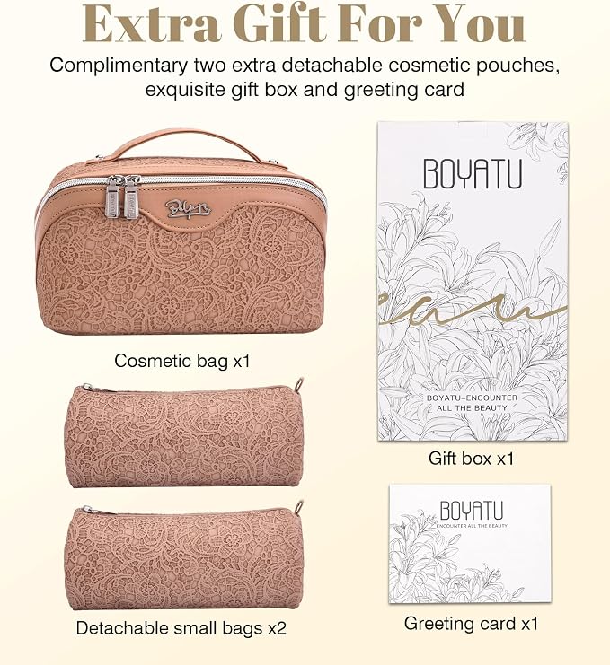 BOYATU Travel Makeup Bags Cosmetic Organizer Bag: 3-Set Large Capacity Make up Bag - PU Leather Toiletry Bags for Women - Wide Open Portable Pouch with Divider & Handle (A-Tan) - Image 7