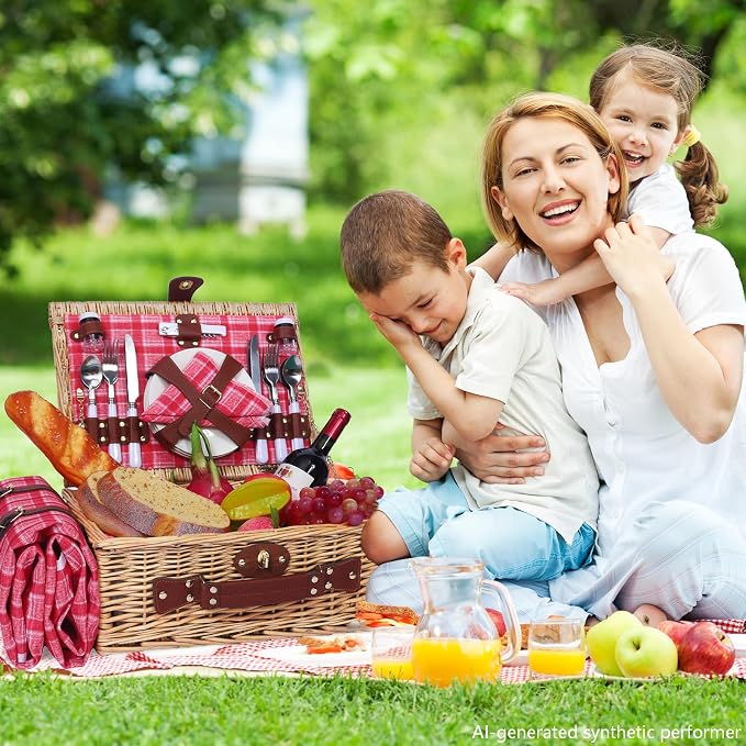 Picnic Baskets Wicker Willow Picnic Set for 4 Persons with Insulated Cooler Bag and Waterproof Pink Plaid Picnic Blanket Gift for Christmas Thanksgiving Wedding Birthday Camp Outdoor Beach Travel - Image 7