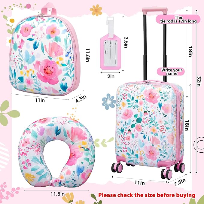 Sanwuta 4 Pcs Kids Luggage Set Back to School Gifts for Girls Boys Carry On Rolling Suitcase Backpack Neck Pillow Travel Set(18 Inch,Flower Style,Pink Green) - Image 2