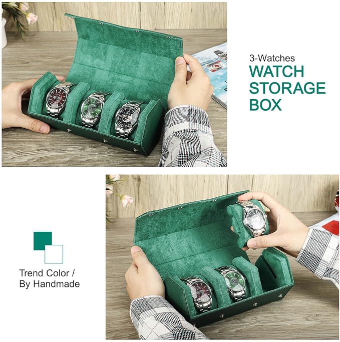Hiram Genuine Leather Hexagon Watch Roll Travel Case, Leather 3-Watches Roll Case with Removable Pillow Cushion for Treasured Watches and Bracelets -Green - Image 5