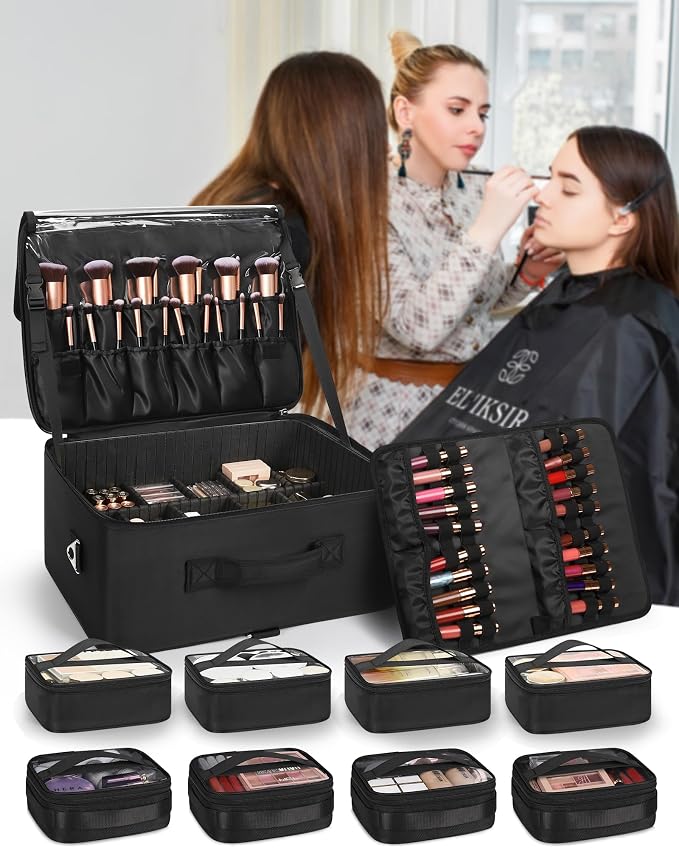 Relavel Extra Large Makeup Case Professional Cosmetic Storage Organizer Box Brush Holder with 8 Clear Set Bags & Lipstick Plate for Makeup Artists with Shoulder Strap & Adjustable Dividers - Image 3