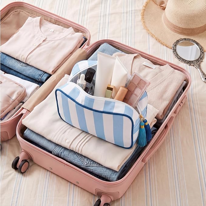 Kacctyen 6 Pack Baby Blue and White Striped Makeup Bag bulk with Tassel Travel Cosmetic Pouch Organizer Large Zipper Toiletry Case for Women Aesthetic Storage Pouch Mahjong Tile Bag - Image 7