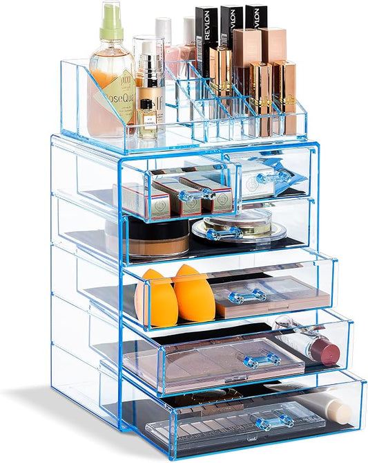 Sorbus Acrylic Makeup Organizer Set, 6-Drawer Vanity & Countertop Cosmetic Storage with Small & Wide Compartments, Blue Brilliance Makeup Storage for Brushes, Jewelry – Holiday Gift for Women & Teens by Sorbus