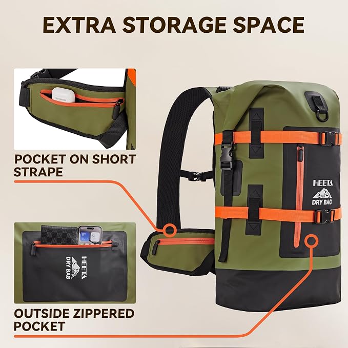 HEETA Dry Bags Waterproof Backpack 40L for Men & Women, Roll Top Heavy Duty Cushioned Hiking Backpack for Kayaking Boating Paddle Boarding Fishing Travel Camping Beach Vacation Cruise Ship Essentials - Image 5