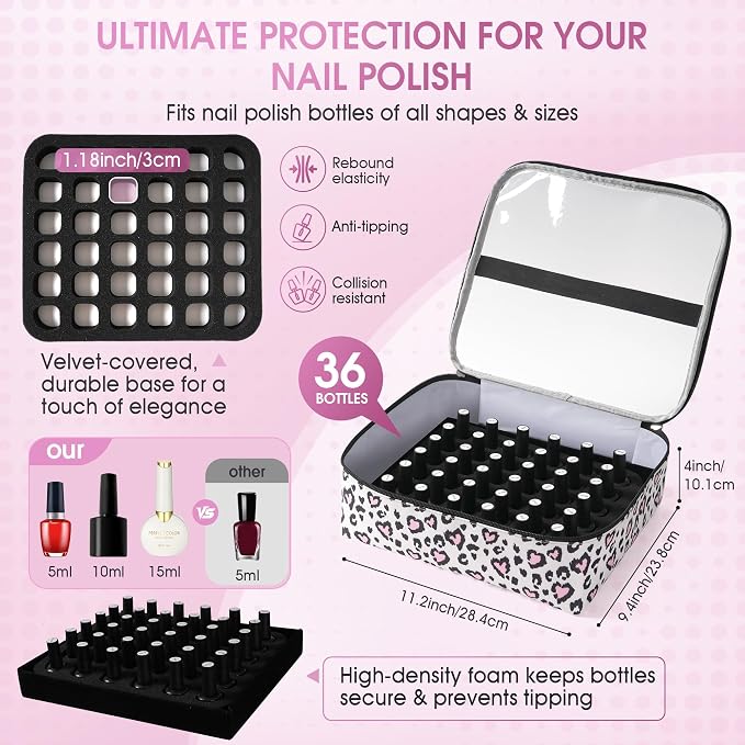 DERSTUEWE Nail Polish Organizer Case – Waterproof Travel Bag with Hard Bottom – Double Layer Nail Storage Bag with Adjustable Dividers & Nail Lamp Compartment (Multi Print) - Image 3