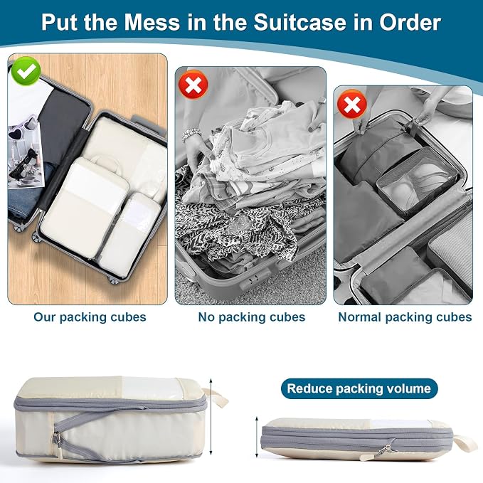 Cozary Suitcase Organiser Packing Cubes Compression Pack of 4 - High Capacity Travel Essentials For Hand Luggage, Suitcase And Backpack - Beige - Image 6