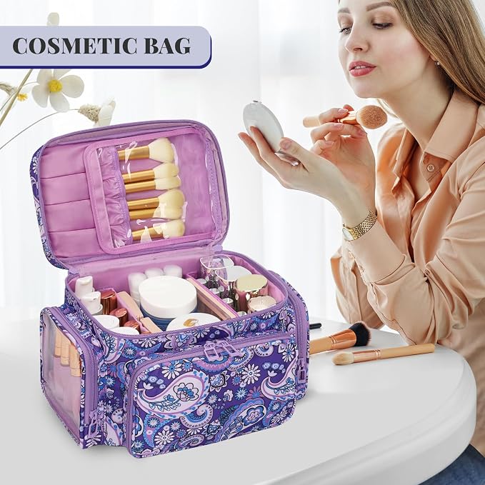 Bagmoly Large Makeup Bag, Portable Travel Makeup Bag Organizer for Women Girls with Makeup Brush Compartment & Two Side Pockets, Cosmetic Travel Bag Vertical Storage Toiletry - Purple - Image 7