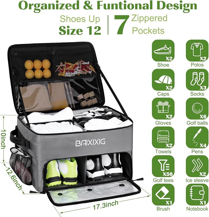 Golf Trunk Organizer, Waterproof Car Golf Locker with Separate Ventilated Compartment for 2 Pair Shoes, Golf Storage for Balls, Tees, Cap, Clothes, Gloves, Accessories, Gifts for Men, Women - Image 5