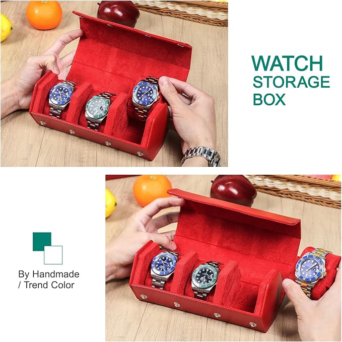 Hiram Genuine Leather Hexagon Watch Roll Travel Case, Leather 3-Watches Roll Case with Removable Pillow Cushion for Treasured Watches and Bracelets -Red - Image 6