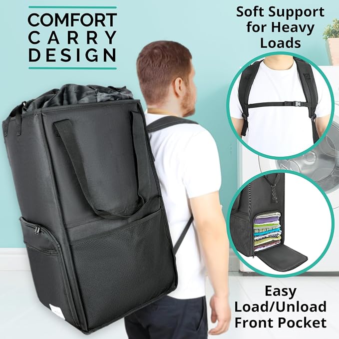 TERRA HOME College Essentials Travel Size Laundry Backpack - Portable, Durable, Foldable - Laundry Bag with Pockets for College Dorms - Extra Large Laundry Carrying Bag with Strap (Black) - Image 4