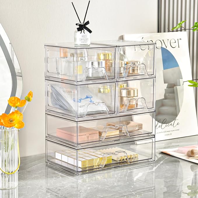 Stebopum 4 Pack Stackable Storage Drawers Clear Acrylic Organizer Bathroom Makeup Organizer and Storage for Beauty Supplies,Ideal for Vanity, Bathroom,Cabinet,Pantry Organization - Image 4