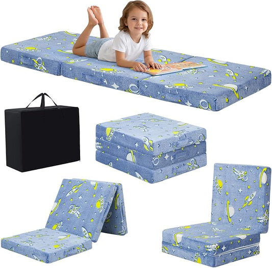 MeMoreCool Glow Rocket Kids Foldable Floor Mattress, 57x22 Inch Blue | Glow rocket trifold mattress for boys room, playroom, camping and travel by MeMoreCool