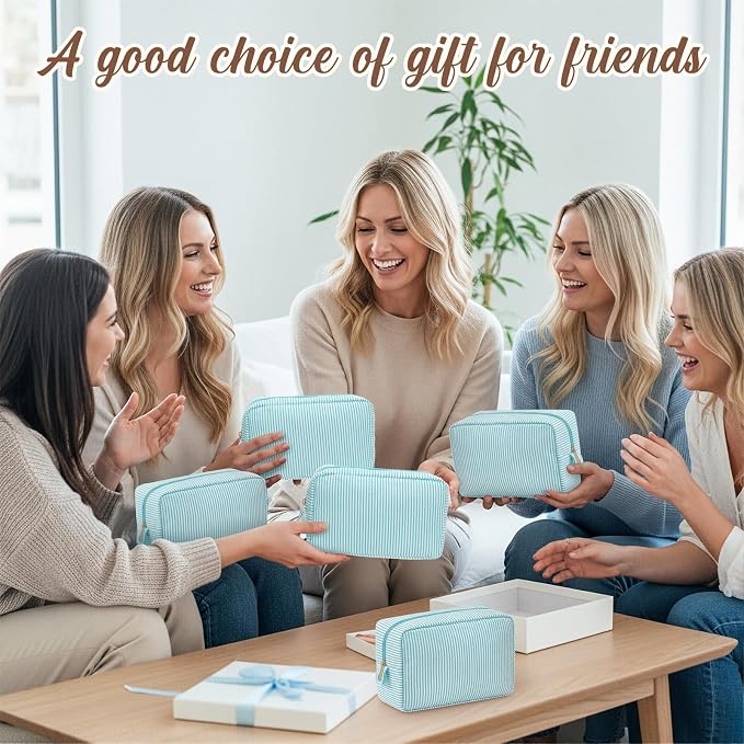 Sanwuta 10 Pcs Seersucker Cosmetic Bag Seersucker Makeup Bag Women Stripe Large Travel Toiletry Organizer Preppy Storage Pouch for Embroidery Wedding Bridesmaid Bride Mom (Mint Green) - Image 7