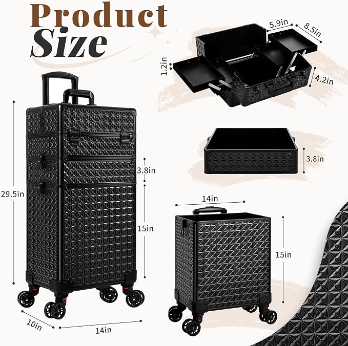 3 in 1 Rolling Makeup Train Case Cosmetology Case on Wheels, Black | Large Cosmetic Trolley Organizer with Keys Salon Barber Case Traveling Cart Trunk for Artist Hairstylists Nail Tech - Image 2