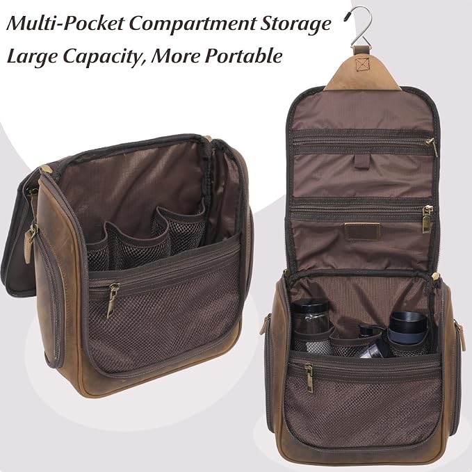 Versatile Genuine Leather Travel Hanging Toiletry Bag, A Dark Brown Hanging Makeup Organizer for Men or Women, Water-resistant Shaving Kit Bag Suitable for Camping and Travel Trips - Image 6
