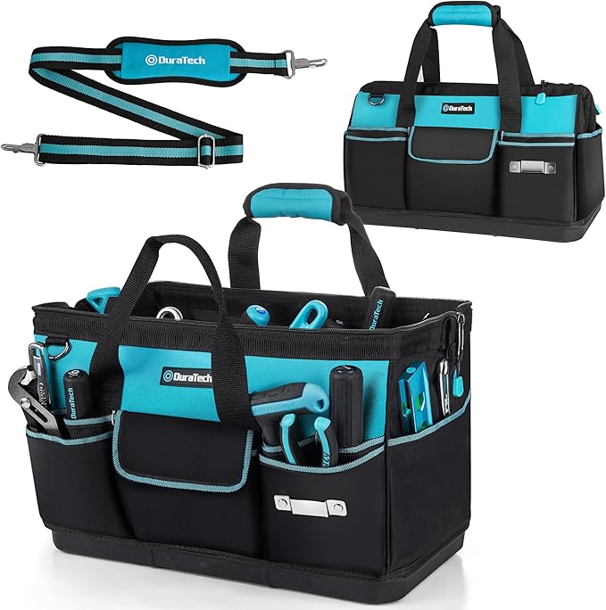 DURATECH 18" Large Tool Bag with Waterproof Hard Bottom, 19 Pockets | Heavy Duty Construction, Wide Open Mouth, Multiple Storage Pockets, Electricians Mechanics Plumbers HVAC Use by DURATECH