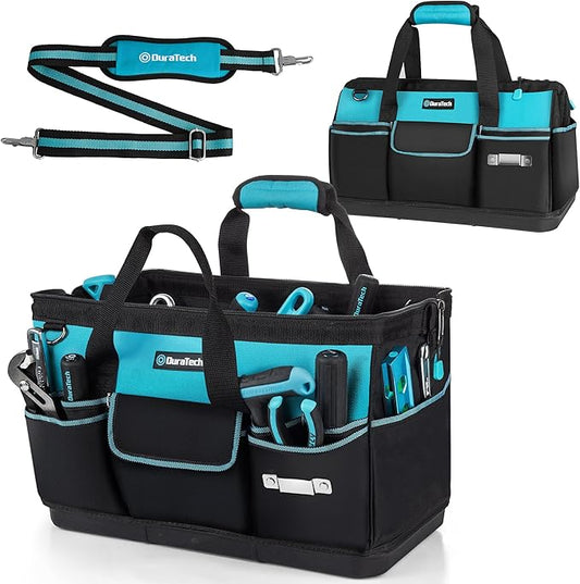 DURATECH 18" Large Tool Bag with Waterproof Hard Bottom, 19 Pockets | Heavy Duty Construction, Wide Open Mouth, Multiple Storage Pockets, Electricians Mechanics Plumbers HVAC Use by DURATECH