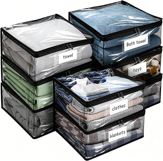 Plastic Storage Bags with Easy-Glide Zipper, Pack of 8, Durable Clear Vinyl Zippered Storage Bags for Clothes Sweaters Comforters Blankets Sheets Bedding (12 x 12 x 3.9 Inch, Black) by Kikerike