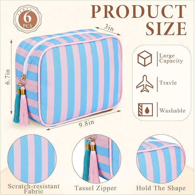 Kacctyen 6 Pack Peony Pink and Slate Blue Striped Makeup Bag bulk with Tassel Travel Cosmetic Pouch Organizer Large Zipper Toiletry Case for Women Aesthetic Storage Pouch Mahjong Tile Bag - Image 2
