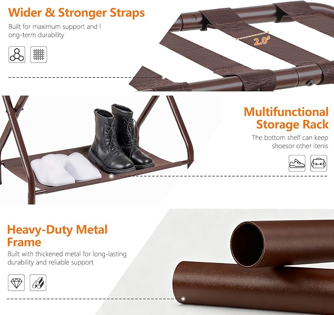 Heybly Luggage Rack for Guest Room, Pack of 2, Steel Folding Suitcase Stand with Storage Shelf for Bedroom, Hotel, Foldable Steel Frame, Guest Room 26.2" L x 14.4" W x 20.5" H, Brown HLR004Z2 - Image 5