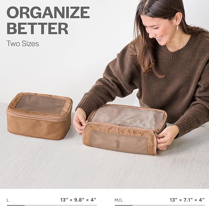 Aerotrunk Compression Packing Cubes for Travel - Luggage Organizer Bags - Double Zipper Packing Cubes for Suitcases (2-Pack, Mocha) - Image 3
