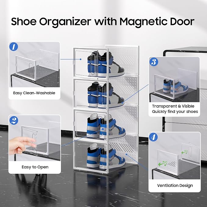 eWonLife Large Shoe Organizer Storage Box with Magnetic Door,12 Pack Clear Plastic Stackable Sneaker Containers for Closet, Connect Left and Right Shoe Box for Entryway, Drop Front, Under Bed (White) - Image 7