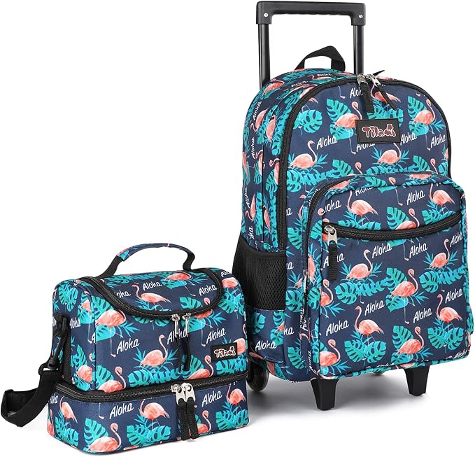 Tilami Rolling Backpack 18 inch Double Handle with Lunch Bag Wheeled Kids Backpack, Flamingo Black by Tilami