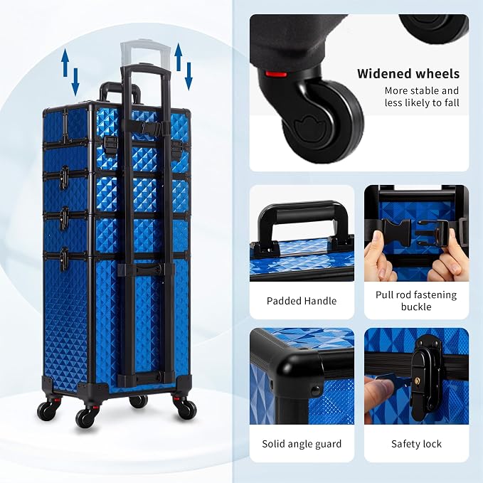 AROUS Rolling Makeup Train Case 4 in 1 Cosmetology Case on Wheels Large Storage Cosmetic Trolley with Key Salon Barber Traveling Cart Trunk, Blue - Image 7