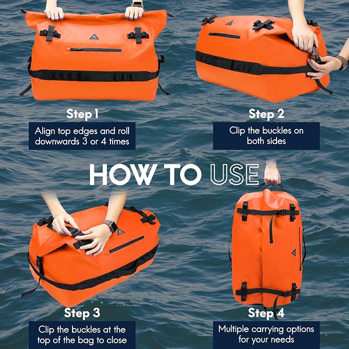Haimont IPX7 Waterproof Roll-Top Dry Duffel Backpack | 60L/90L Sizes, 500D Tarpaulin, Welded Seams, Mesh Pockets, Boating & Kayaking - Image 8