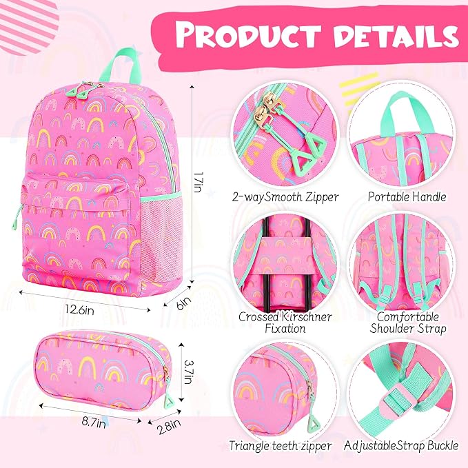 Redbaker 6 Pcs Kids Luggage Set, 17 Inch Rolling Suitcase with Backpack Lunch Bag Neck Pillow, Pink Rainbow Travel Set for Summer Vacation Sleepover Back to School Gift - Image 3