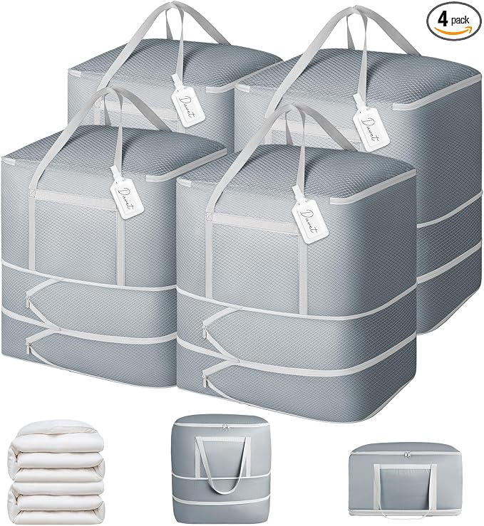Comforter Storage Bag - 120L Bedding Storage Bags for Moving Closet, Washable Blanket Storage Bag, Ultra Space Saving Self Compression Organizer, 4-Pack, Grey by EasortmPackingCubes