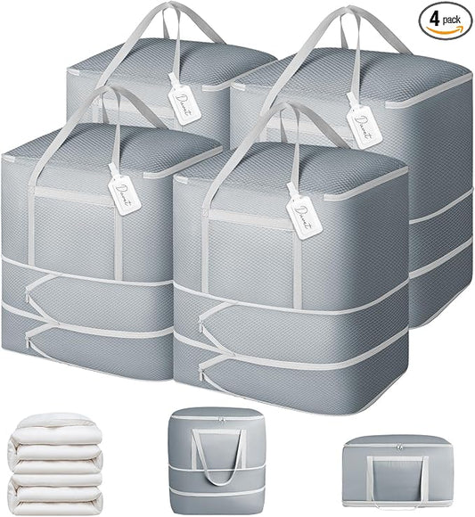 Comforter Storage Bag - 120L Bedding Storage Bags for Moving Closet, Washable Blanket Storage Bag, Ultra Space Saving Self Compression Organizer, 4-Pack, Grey by EasortmPackingCubes
