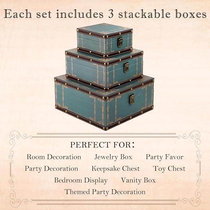 Jolitac Wooden Storage Box Set of 3, Antique-Looking Storage Containers with Secret Compartments Vintage Nesting Keepsake Chests for Jewelry, Cash, Photos Travel-Friendly & Stackable (Green) - Image 7