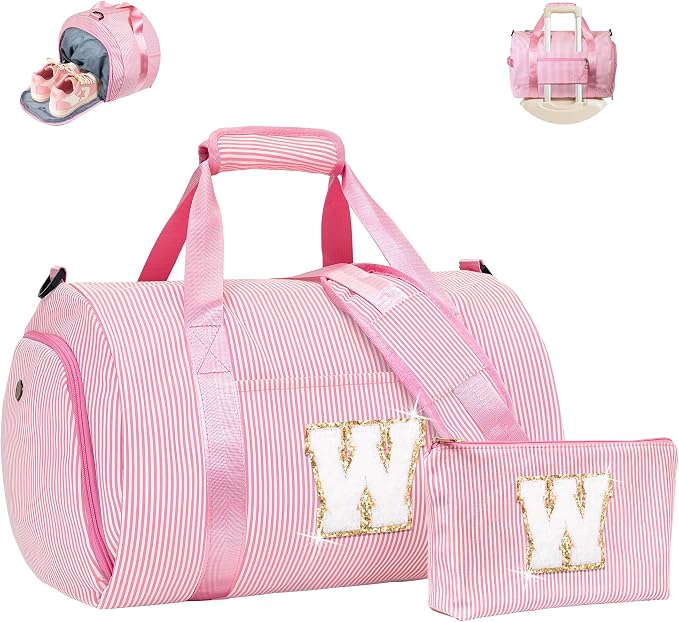 Dance Gift for Little Girl, Girls Travel Duffle Bag, Kids Initial Duffel Bags with Shoe Compartment, Personalized Weekender Bag with Makeup Pouch, Cute Present for Toddler (Letter W) by Vogewood